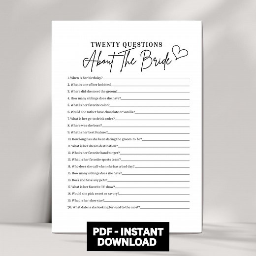 20 Questions Bridal Shower Game, Twenty Questions About the Bride Printable Bridal Shower Games, Wedding Shower 20 Questions Game Minimalist - Etsy