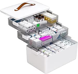 JOYBOS 3-Tier Medicine Storage Box Cabinet, Empty First Aid Kit Portable Medical Supply Organizer with Leather Handle for Home 3-Tier Medicine Storage Box