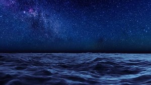 Fantastic starry night sky with Milky Way galaxy stars over calm ocean wave surface at nighttime. Simple scenic natural background 3D animation rendered in 4K