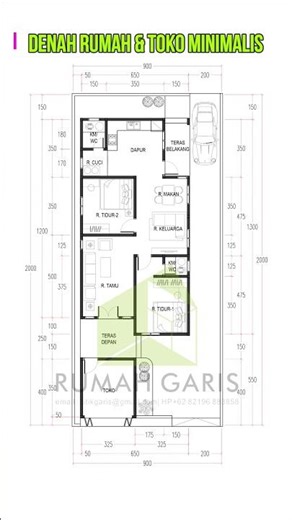 DESAIN DENAH RUMAH + TOKO MINIMALIS UKURAN 9X20 METER | 2 KAMAR TIDUR #rumahminimalis #rumahgaris