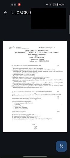Sardar Patel University Labour Law-1 Question Paper | 6th Sem LLB