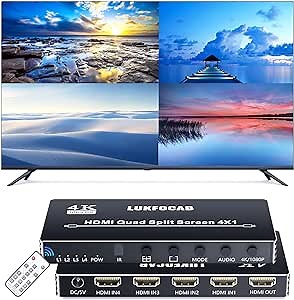 HDMI Multi-Viewer 4X1, Seamless Switcher 4 in 1 Out, Quad Multi Viewer Switcher with IR Remote, Supports 4K 30Hz, 5 Display Modes for Security Camera, Gaming Consoles