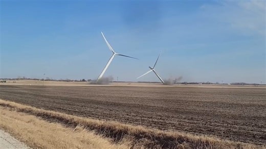 Watch wind turbines fall after being intentionally destroyed in Story County, Iowa