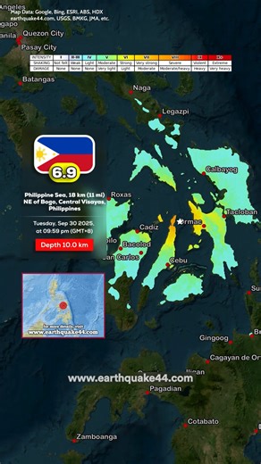 Earth44 on Instagram: "Cebu Earthquake - Philippine Sea, 18.2 km (11.3 mi) NE of Bogo, Central Visayas, Philippines ▶️ Local time at epicenter: Tuesday, Sep 30 2025, at 09:59 pm (GMT+8) ▶️ Epicenter: Philippine Sea, Central Visayas ▶️ Magnitude: 6.9 ▶️ Depth: 10.0 km #earth44 #earthquake #earthquakes #Philippines #fyp #viral #trending"