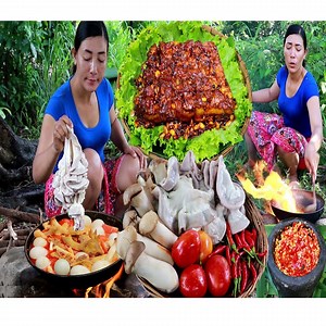 Top survival cooking in jungle- Pork belly braised curry spicy cooking 3videos food so delicious | CHEF GIRL