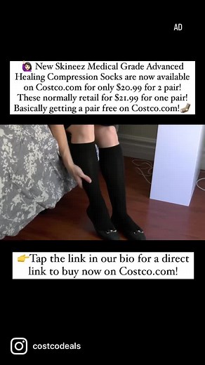 🤰Pregnant? ✈️Traveling? 🏀Play Sports? 🦶Swollen Feet? @myskineez are compression socks are the only FDA approved compression sock clinically shown to help heal and improve skin condition through hydration and are available right now on Costco.com for $20.99 for two pairs! These usually retail for $21.99 for one pair! Basically getting a pair for free via Costco.com!.👉Tap the link in our bio for a direct link and grab these now! Available in white or black!.🙌These @myskineez are perfect for t