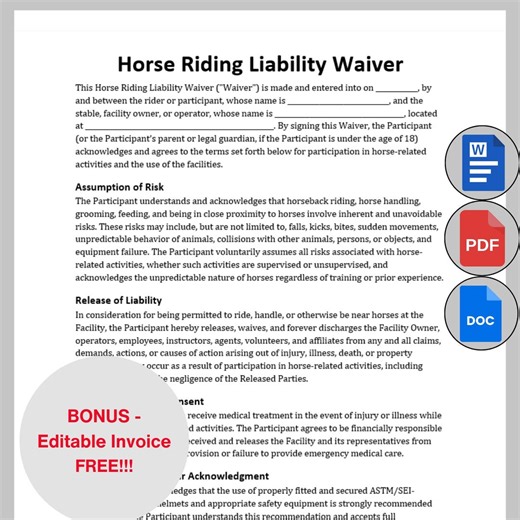 Customizable Horse Riding Waiver Form, Equine Liability Waiver Template, Printable Horse Rental Consent, Equestrian Horseback Agreement PDF - Etsy
