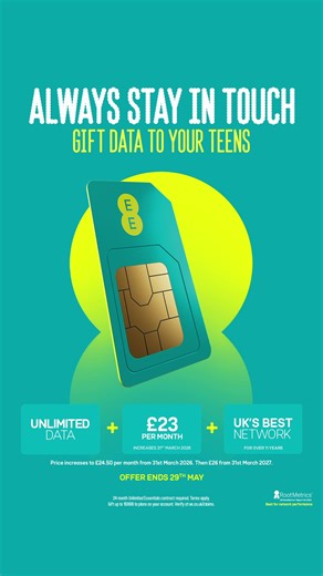 Get Unlimited data for just £23 per month, when you join EE. (Price increases to £24.50 per month from 31st March 2026, then £26 per month from 31st March 2027). Plus with data gifting you can share your data to plans on your account. All on the UK’s best network for over 11 years. It’s no wonder families choose EE. | EE