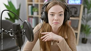 Caucasian woman with headphones talks into microphone in a radio studio, displaying a perplexed expression.
