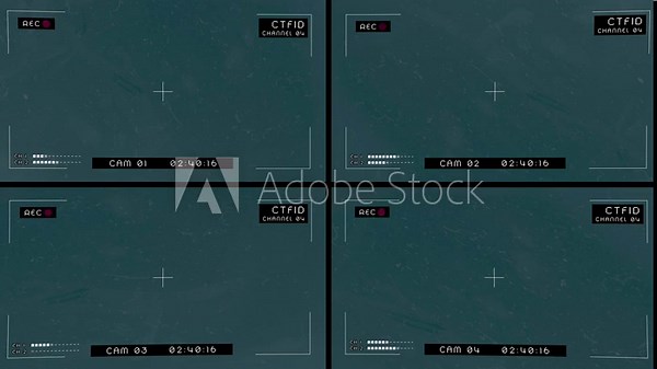 4 way split screen security camera, CCTV static Stock Video