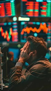 A man is sitting at a computer with his head on his hands. He is looking at a screen with a lot of numbers and graphs. The man is stressed or overwhelmed by the information on the screen