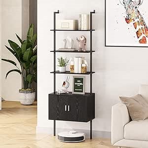 Gadroad 5 Tier Tall Bookshelf with Cabinet, 73" Modern Bookcase, Wall Mounted Ladder Bookshelf with Stable Metal Frame, Open Display Rack, Storage Shelves for Bedroom, Home Office, Black