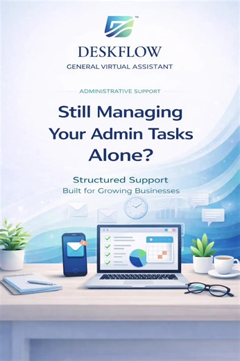 Still managing everything on your own? An overloaded inbox and constant follow-ups shouldn’t slow down your vision. Administrative structure isn’t a luxury — it’s a growth strategy. Let’s build a more organized workflow for your business. — Deskflow #VirtualAssistant #GeneralVirtualAssistant #AdministrativeSupport #InboxManagement #CalendarManagement #SmallBusinessSupport #RemoteSupport #ProductivitySystems #BusinessEfficiency #Deskflow