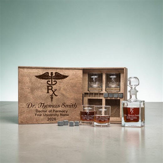 Pharmacy Graduation 2026 Gift Decanter With Personalized Glasses in the Wood Box, Doctor of Pharmacy Grad Gift, Masters Degree Glass Set - Etsy