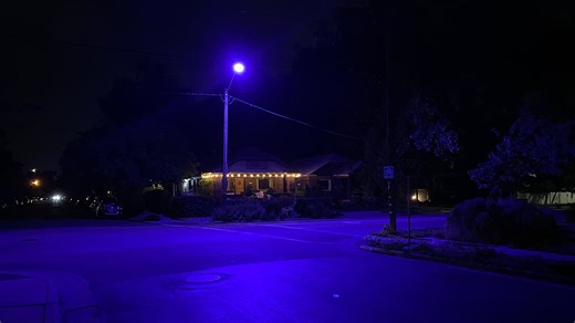 What causes LED street lights to turn blue or purple?