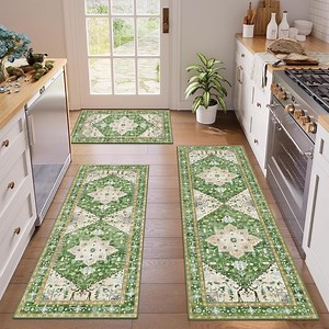 Findosom Boho Kitchen Rugs 3Piece Set,Non-slip Washable Kitchen Mats for Floor Kitchen Runner,Soft Belgian Velvet Floor Mat Carpet Runner Rugs for Hallway,Laundry Room,Kitchen Door Mat,Green