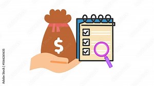 Financial audit checklist icon in cartoon animation. Budget review and approval notes symbol. Verify the money task verification sign. Alpha channel.
