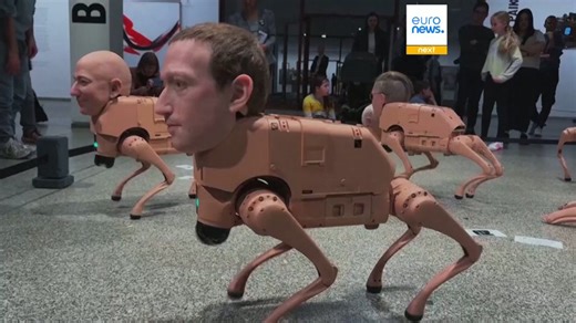 Watch: Robot dogs with Elon Musk and Bezos' faces are excreting AI art at a Berlin museum