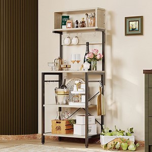 Bestier Baker's Rack with 4 Tier Storage Shelf, Microwave Stand Kitchen Organizer with 8 Hooks, Coffee Bar Cart for Kitchen Storage, Oak