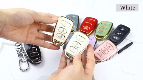 QBUC for Hyundai Key Fob Cover with Keychain，Compatible with Hyundai Elantra Sonata Accent Tucson Kia Forte Optima Rondo Sorento Spectra Genesis (White, Golden Edge)