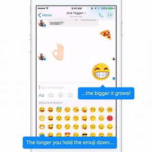 Have you ever sent the big “thumbs-up” Sticker to a friend in Messenger? Starting today, you’ll be able to enlarge and send ANY emoji in a Messenger conversation. Here’s how it works: tap and hold on the emoji you want to send in the Messenger emoji keyboard, and watch it get larger. When you let go of the emoji, the larger emoji will be sent to your friend. This feature is currently available on iOS, but will be rolling out on Android and messenger.com soon. | Messenger