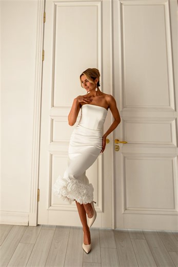 Ivory Satin Barbie Midi Wedding Dress Strapless Pencil Skirt Ruffles - Etsy