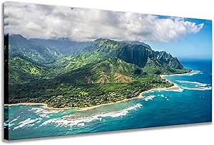 Large Wall Art Aerial View on Napali Coast of Kauai island USA Hawaii Landscape Prints Picture Modern Home Decor Framed for Living Room Ready to Hang 24"x48"