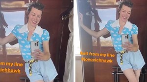 Milla Jovovich stuns in blue for a date night with her hubby