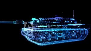 Military Tank. Armoured Combat Fighting Vechicle. 4k animation. Loop seamless. Glow points, line and mesh formation of 3d Model Army Tank.