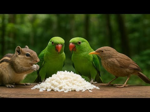 Chipmunk vs Parrots vs Babbler | Fight for Rice in the Jungle!