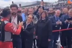 ‘Very cold stare’ – Lewis Hamilton ‘body-checked’ celebrity on Silverstone grid in awkward moment