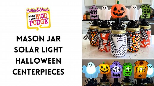 5.3K views · 50 reactions | Create glowing Halloween centerpieces with Mason Jars, Fabric, Mod Podge and $1.25 Solar Lights! Cathie from Handmade Happy Hour with Cathie Filian is teaching this fun technique that works amazing for Halloween or any holiday!  Learn more about Mod Podge at plaidonline.com/brands/mod-podge​  Watch more Make It With Mod Podge: bit.ly/MakeItWithModPodge  Sign up for our newsletter! plaidonline.com/email-signup | Plaid Crafts | Facebook