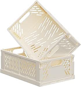 2-Pack Collapsible Plastic Storage Baskets for Organizing, Stackable Storage Bins - Space-Saving for Classroom, Kitchen, Bathroom, Office & Bedroom,Foldable Crates (white,16.89 x 6.46 x 11.54in)