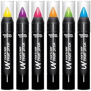 Splashes & Spills UV Face and Body Paint Sticks - UV Body Paint, UV Face Paint for Costume, Cosplay, Theater, Club - Glows Under UV Light - Black Light Paint For All Skin Types (6 Colors)