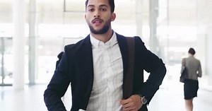 Business man, running late and in rush to office, meeting or interview with tablet