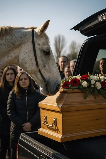 Tragedy with an unexpected ending at a funeral in Romania  At the moment when the coffin was being loaded into the car, a white horse suddenly appeared from the forest, covered in mud but with wet, living eyes  People were left speechless when the animal slowly approached the coffin and made a gesture that shook everyone present  No one expected anything like this…  Continuation in the first comment  | Golden Wishes | Facebook