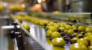 Manufacturing Olive Oil Using Conveyor Belt to Process Black and Green Olives. Concept Conveyor Belts, Olive Oil Manufacturing, Black Olives, Green Olives, Production Process