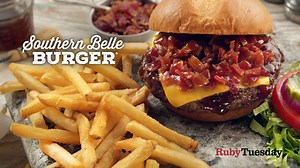 Don’t be fooled, this burger is no shy lady. Brushed with sweet BBQ, topped with American cheese and our famous Hickory Bourbon Bacon Jam, and served with fries for $6.99—I do declare this to be one belle of a burger! Y’all hurry in! | Ruby Tuesday