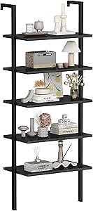 Lamerge 5 Tier Ladder Shelf, Wooden Bookcase with Open Display Shelves, 70.8”x23.6”x11.8” Bookshelf with Metal Frame for Bedroom, Living Room, Kitchen, Balcony, Home Office, Black