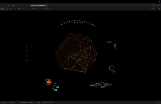 HMI Challenge @contra x @rive_app Interactive data hub is providing the pilot with all the essentials. Computing thousands of data points every second, data is gathered and presented as ever changing icosahedron. Pilot may decide to keep some information always on, otherwise system automatically presents crucial information