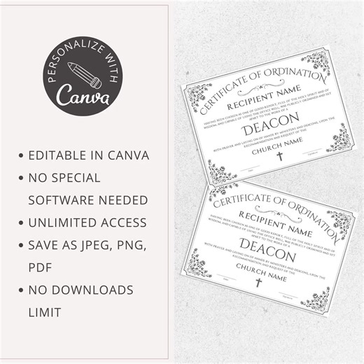 Editable Deacon Ordination Certificate | Minister License Canva Template | Church Membership | Religious Printables on Canva - Etsy