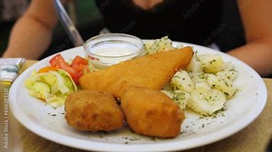 traditional Czech baked cheese with potatoes and salad on a plate, tourism, Czech Republic tourist must see and must do.