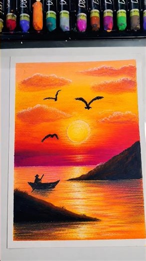 Easy Sunset Drawing with Oil Pastels | Step by Step Tutorial #shorts #youtubeshorts