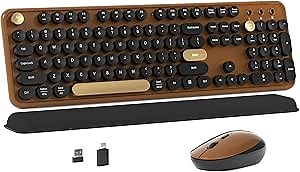 Colorful Wireless Computer Keyboard and Mouse Combo with Round Typewriter Keycaps, Retro Design, Power Switch, Ergonomic Design, 2.4GHz Wireless for Windows, Mac, PC(Black-Brown)