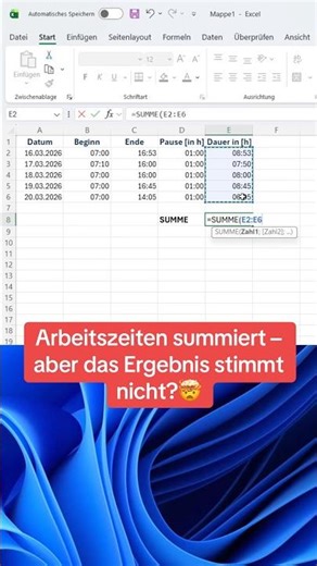 Excel Zeiten richtig summieren #excel #exceltips #arbeitszeit #exceltricks #zeiterfassung