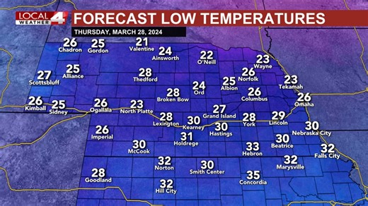 Scattered clouds will gradually stream through the Local 4 area from west to east this evening. Temperatures will begin in the lower 40s, falling to near 30 degrees by midnight. It will be a chilly start to Thursday but the next couple of days will be milder in the afternoons with highs in the 50s and 60s. | KSNB Local4