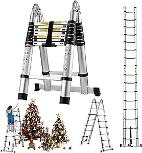 Aluminum Telescoping Ladder 16.5 FT Extension Ladder, 2-in-1 Collapsible Ladder 8.5ft+8.5ft A-Frame Ladder Multi-Purpose Ladder with Stabilizer Bar Lightweight Ladder for Home,Great as