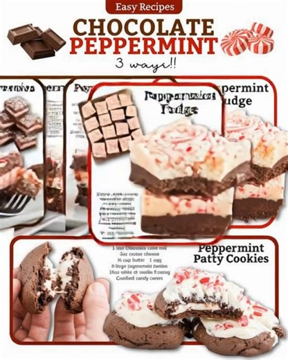 Chocolate Peppermint = the ultimate holiday duo 🎄🍫✨ Here are 3 delicious ways to enjoy this festive flavor combo — from creamy fudge to cool, minty desserts that taste like Christmas in every bite! 😍 Ingredients 🍫 Peppermint Brownies For The Brownies 1 (16-ounce) boxed brownie mix (and ingredients needed to prepare brownies according to box – usually water, eggs, oil) ½ cup of crushed candy canes for topping For The Peppermint Frosting ¾ cup of butter, softened 2 cups of confectioner’s sugar