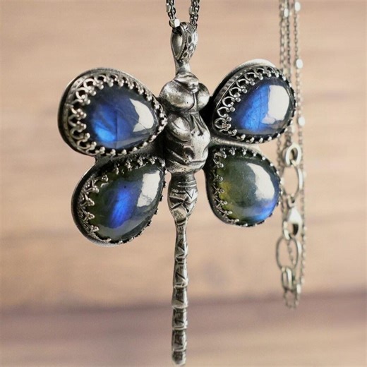 Handmade 925 Sterling Silver Dragonfly Pendant With Blue Labradorite Wings on Vintage Style Chain - Etsy