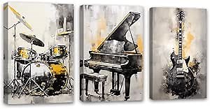 ZQQART 3 Pieces Abstract Musical Instruments Wall Art Piano Guitar Drum Painting Prints Music Themed Prints Artwork Music Store Decor Frame(Music -3,24.00"x36.00"x3Pcs)